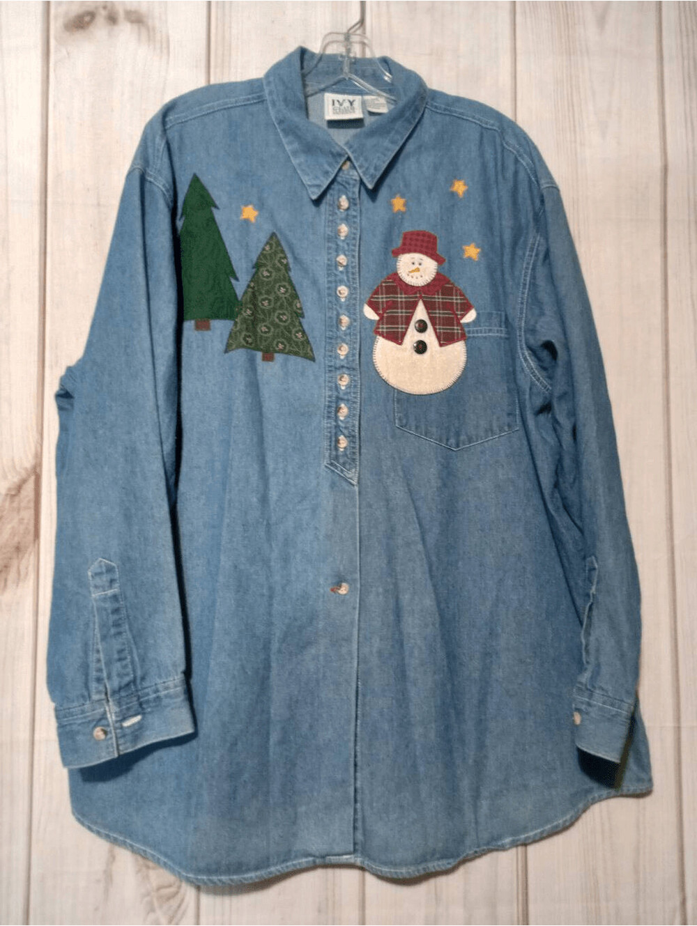 Ivy Club Classics Women's Denim Shirt Size 20W Blue Snowman and Trees Pattern